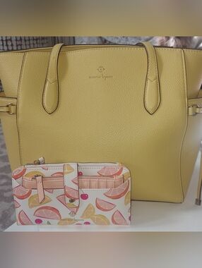 Nanette Lepore Yellow Leather Tote Bag with Citrus Wallet Set